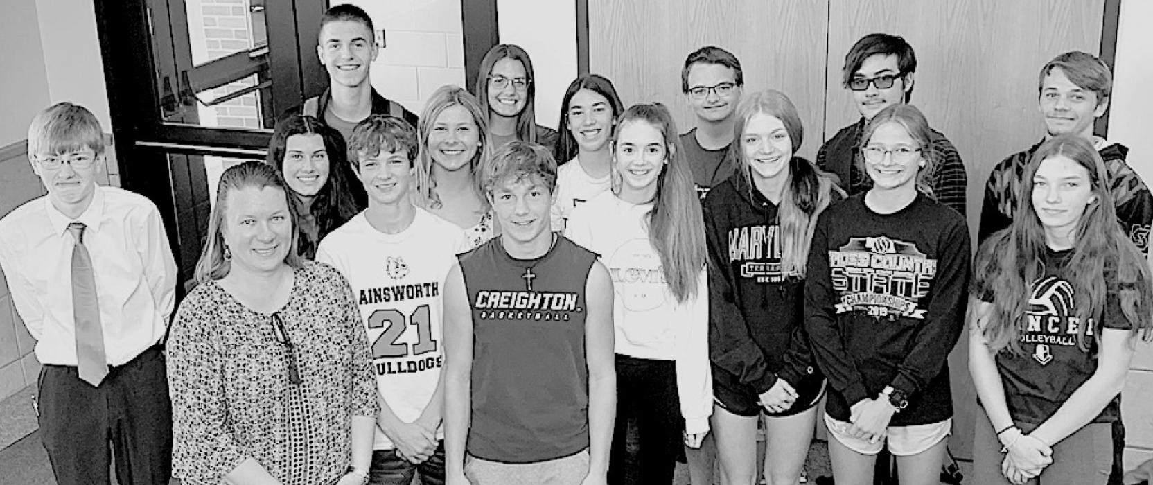 This year’s Mock Trial teams include: (Front Row - Left to Right): Coach Roberta Denny, Logan Schroedl, Morgan Kinney, Taylor Allen, Brianna Starkey, Emma Kennedy and Jolyn Pozehl: (Middle Row - Left to Right): Levi Goshorn, Dakota Stutzman, Alyssa Erthum and Katherine Kerrigan; (Back Row - Left to Right): Ben Flynn, Haley Schroedl, Gavin Olinger, Cole Bodeman and Owen Blumenstock.