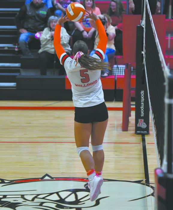 Senior Willa Flynn sets the ball for a teammate to attempt a kill. Flynn had 20 assists against the Longhorns. The Lady Dawgs and attendees participated in an Orange-Out to show support for Jared Hansmeyer's battle against cancer.