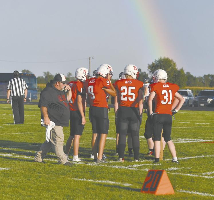 Much of Friday afternoon was raining in the Ainsworth area. Just before the game started, the rain cleared off, leaving a rainbow over the field for most of the first half.