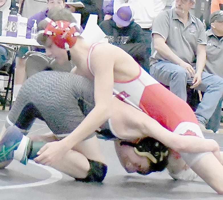Freshman Kaden Evans competed in his first District tournament in the 113 lb. weight class at the Class D District 2 Wrestling Tournament at Southern Valley.