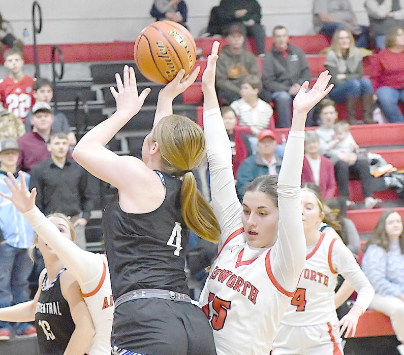 Sophomore Willa Flynn attempts to stop North Central’s Zoey Snyder from making a shot in the paint.