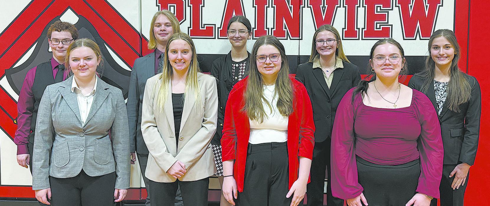 This year’s district speech participants were: back row (left to right): William Biltoft, Erick Hitchcock, Raelynn Reagan, Emma Kennedy, and Willa Flynn. Front row (left to right): Madison Phares, Preselyn Goochey, Hannah Beel, and Miranda Phares.