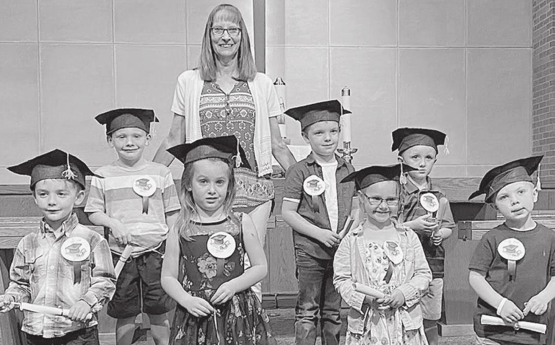 T/TH/F Graduates, who will be attending Kindergarten this fall were (top row left to right) Blake Winters, Lawson Rentschler, Bentley Mashburn; (bottom row left to right) Keegan O’Hare, Sutton Buckles, Gracyn Peterson and Reegin Alberts. Bryer McNally was unable to attend graduation and is not pictured.