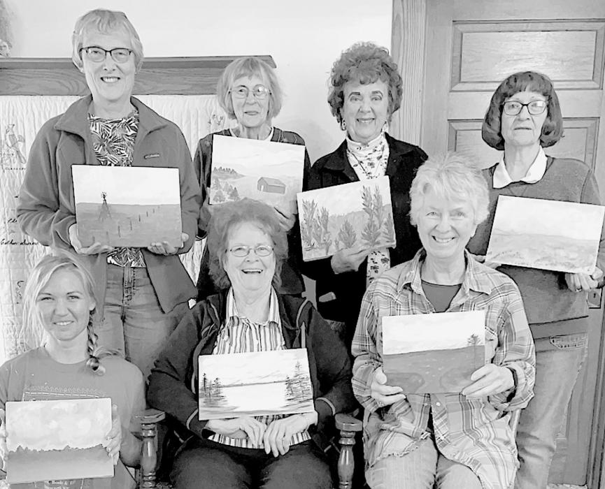 Ainsworth Art Guild members learn to paint with acrylics at first “in-person” meeting in many months. Members present were (front row left to right) Shelby Caulfield, Audrey Wilson and Lynn Robertson; (back row left to right) Martha Rasmussen, Carol Larson, Pat Nelson and Cindy Bower.