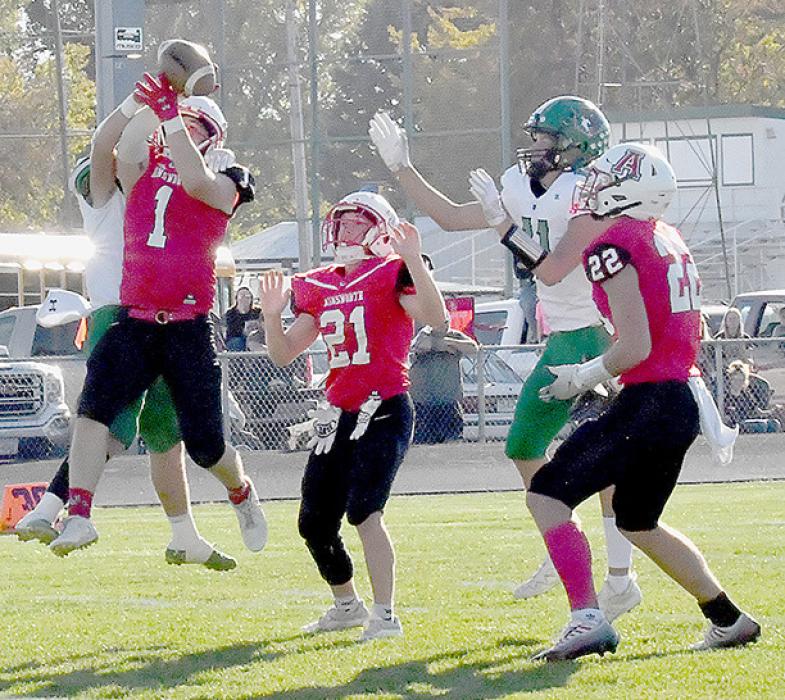 Ainsworth’s Ethan Fernau almost has a pass interception, but a Loomis player deflected the ball at the last second. Luckily the ball was deflected to Ainsworth’s Carter Nelson for his second interception of the game.