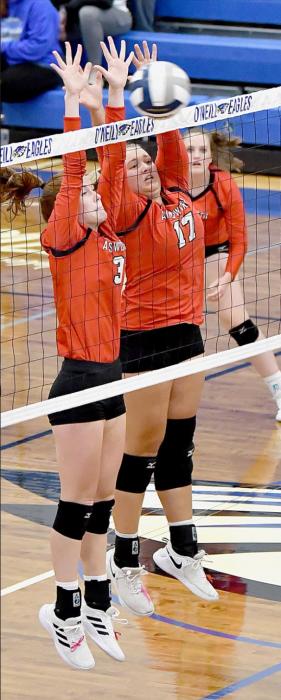 #3 Eden Raymond and #17 Kaitlyn Nelson teamed up for a block against the O’Neill Eagles earlier in the season. O’Neill was one of three teams Ainsworth hosted for C1-11 sub-district volleyball on October 25th and 26th.