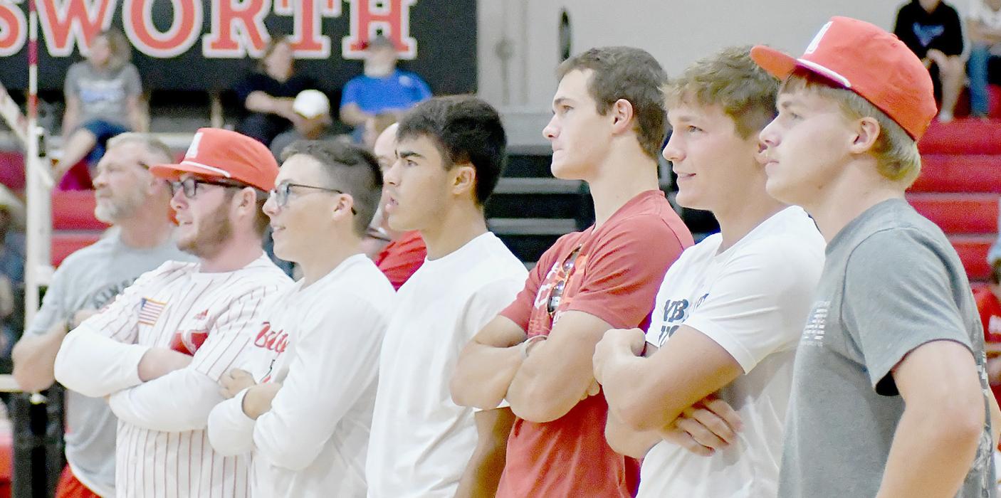 Members of the 2023-24 Ainsworth Boys Basketball Team watched with smiles as videos of the games leading to their State Runner-up Trophy were played between the volleyball games on Thursday evening, August 26th. Following the video, the unveiling of their Runner-up banner was revealed in Lila McAndrew Gymnasium.