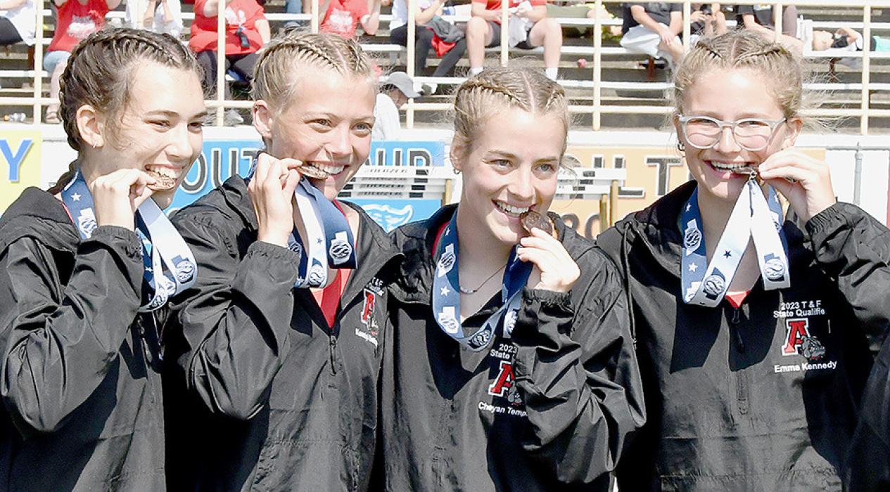 The 4x800 Meter Relay Team of (left to right) Katherine Kerrigan, Kendyl Delimont, Cheyan Temple and Emma Kennedy, brought home eighth place. This was only the second time the girls had competed in a 4x800 Relay race.