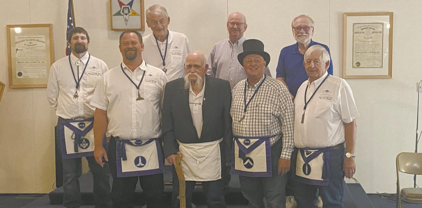 Silver Cord Lodge #224 Ancient Free and Accepted Mason presented Worshipful Brother Mike Hitchcock with the Bronze Jordan Medal on August 29th. This award is given to the Master Mason who has been a member in good standing for the longest time. Mike Hitchcock has been a Master Mason since January, 1964. Front row (left - right): Luke Hitchcock, Mike Hitchcock, Joe McBride and Terry Foxworthy. Back row: Thad Carr, Evan Evans, Mike Baxter and Don Coash.
