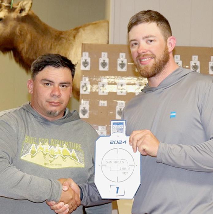 Charles Waln of Martin, SD (left) was the overall winner of the 2nd Annual Sandhills Shootout. Walm was presented his award by Match Director Derek Sherman (right).