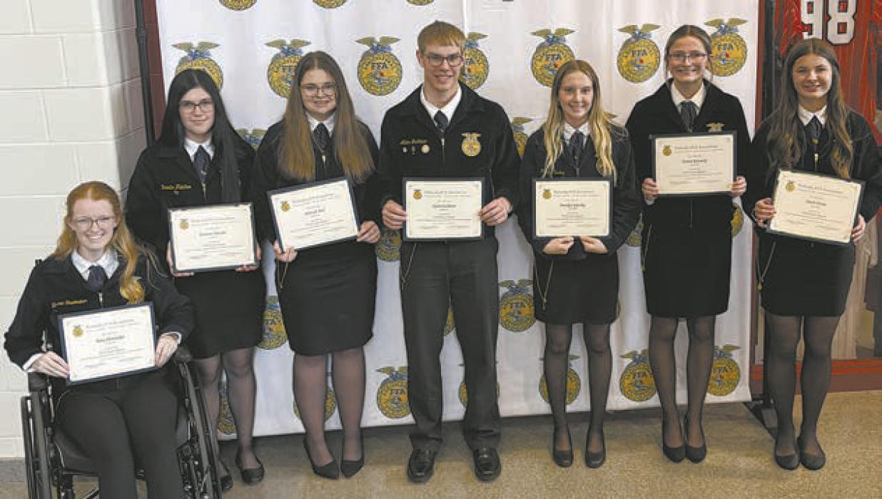 Seven Ainsworth Students were awarded their State FFA Degree. The recipients were (left to right): Terra Shoemaker, Braxton Fletcher, Hannah Beel, Aiden Jackman, Preselyn Goochey, Emma Kennedy, and Miah Ortner.