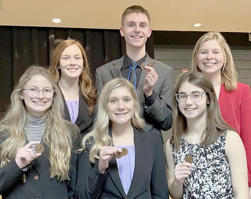 Medalist from the West Holt Speech Invitational were (Back Row - Left to Right): Eden Raymond, Ben Flynn and Alyssa Erthum; (Front Row - Left to Right): Emma Kennedy, Maren Arens and Maia Flynn. Not pictured were Hannah Beel, Libby Wilkins and Dakota Stutzman.