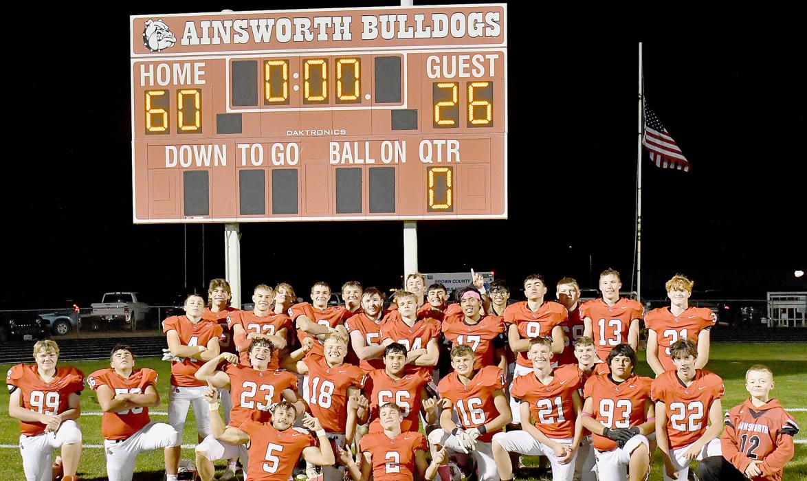 The Ainsworth Bulldogs defeated the Creighton Bulldogs 60-26 to win the District Championship for the third straight year. Creighton was state ranked with a 5-1 record coming into the game.