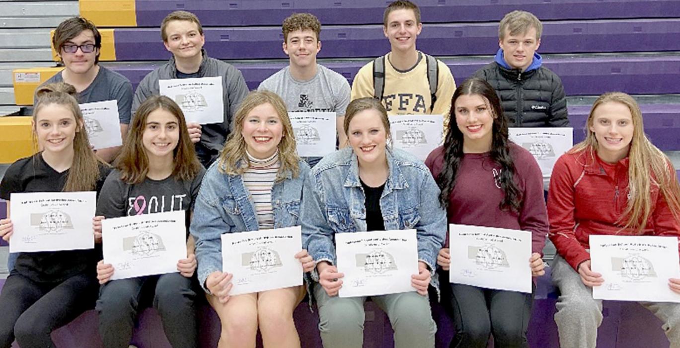 Receiving Outstanding Actors and Actresses awards at District Play Production on November 29th in Wausa were: (Front Row - Left to Right): Taylor Allen, Maia Flynn, Alyssa Erthum, Libby Wilkins, Dakota Stutzman and Madelyn Goochey; (Back Row - Left to Right): Cole Bodeman, Gavin Olinger, Ethan Fernau, Benjamin Flynn and Cash Reynolds.