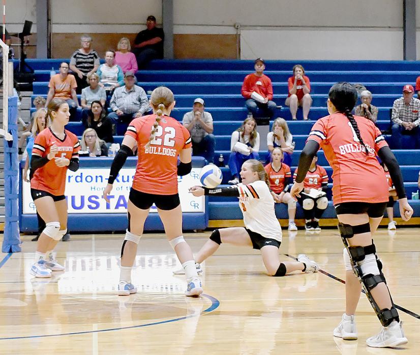 Lily Beel goes for the dig to keep the ball alive for the Ainsworth Bulldogs. Teammates Willa Flynn, Gracyn Painter and Christina Fernau are ready for the next hit.