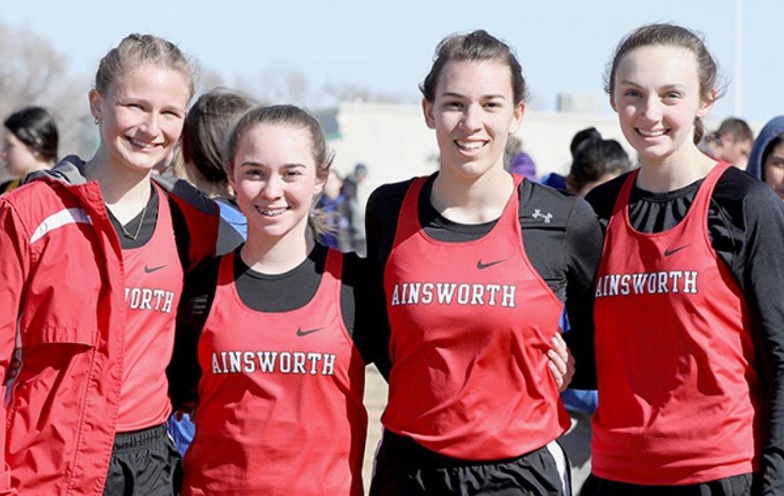 The Ainsworth girls team of (left to right) Emma Kennedy, Tessa Barthel, Katherine Kerrigan and Cameryn Goochey took first place in the Girls Distance Medley. Photos by Debb Gracey