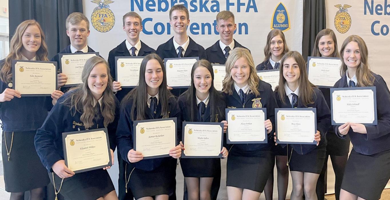 Receiving their State Degrees were (Front Row - Left to Right): Libby Wilkins, Summer Richardson, Wryllie Killion, Alyssa Erthum, Maia Flynn and Haley Schroedl; (Back Row): Eden Raymond, Cash Reynolds, Ty Schlueter, Ben Flynn, Tom Ortner, Maren Arens and Shelly Saner.