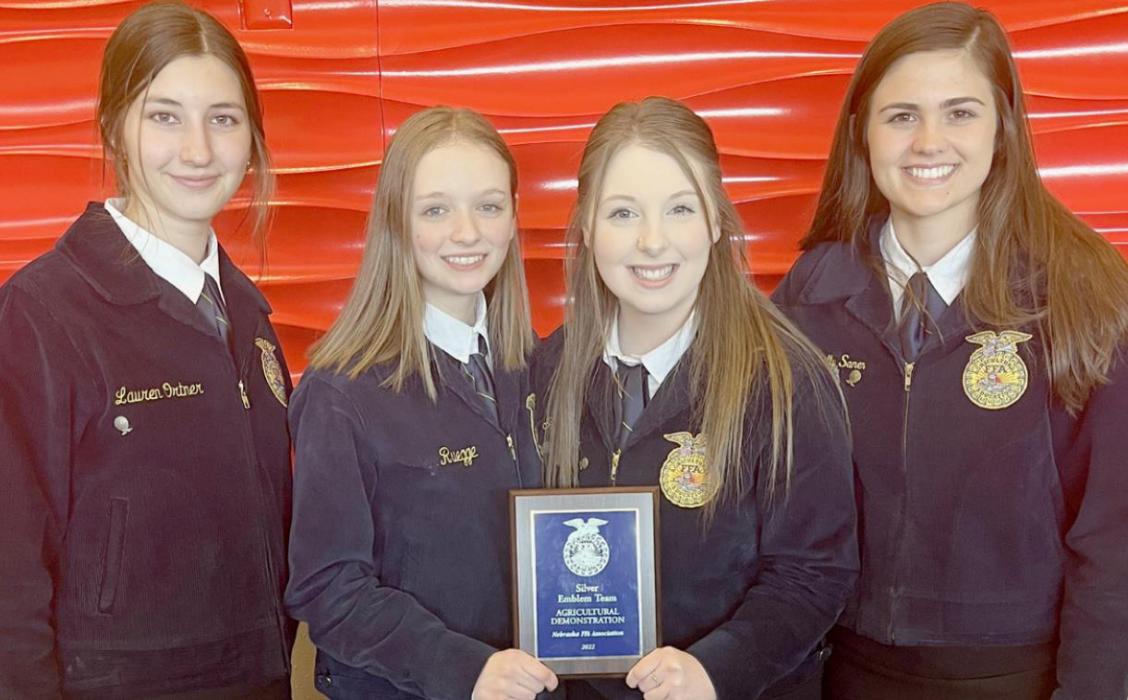 The Ag Demonstration team was awarded a silver ranking for the demonstration of creating a corsage; team members were (Left to Right): Lauren Ortner, Makenna Pierce Gracie Petty and Shelly Saner.