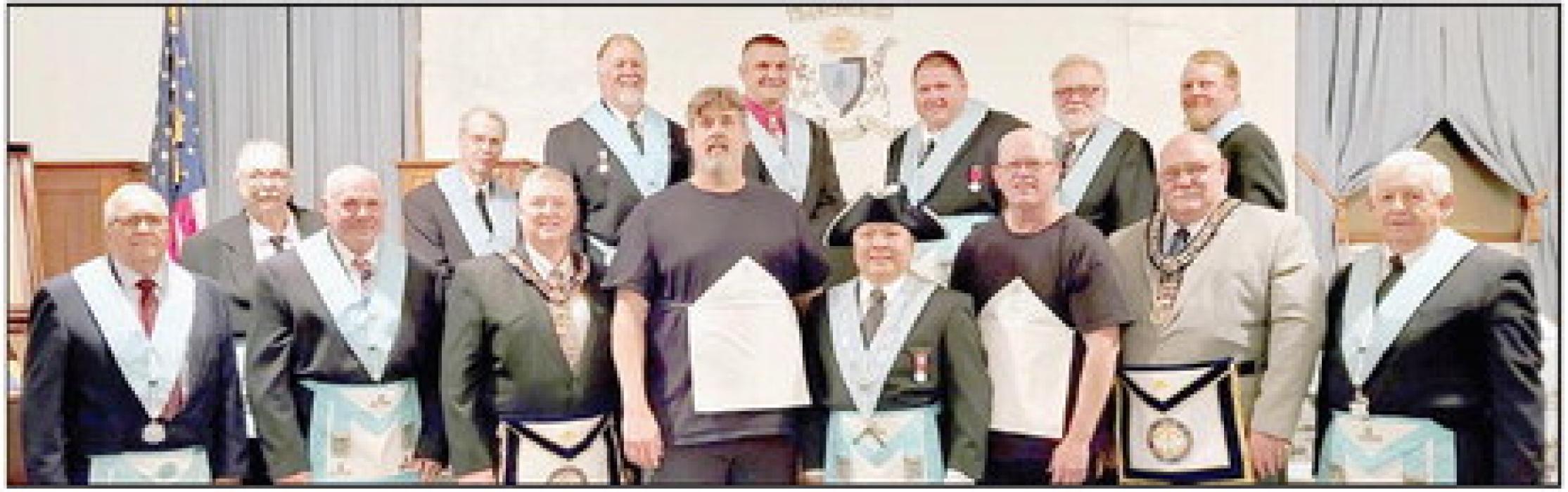 Eric Johnson and Monte Andrews were Initiated as Entered Apprentice Masons on July 25, 2023 at Long Pine Masonic Lodge. Those in attendance were: (Front Row - Left to Right): James Nelson, Stan Weidner, Joe McBride, Eric Johnson, Alvin Benemerito, Monte Andrews, Bob Moninger and Terry Foxworthy; (Back Row - Left to Right): Dale Mellor, Phil Brown, Barry Frerichs, Garrett Weidner, Jeremiah Schartz, Don Coash and Cody Croghan.