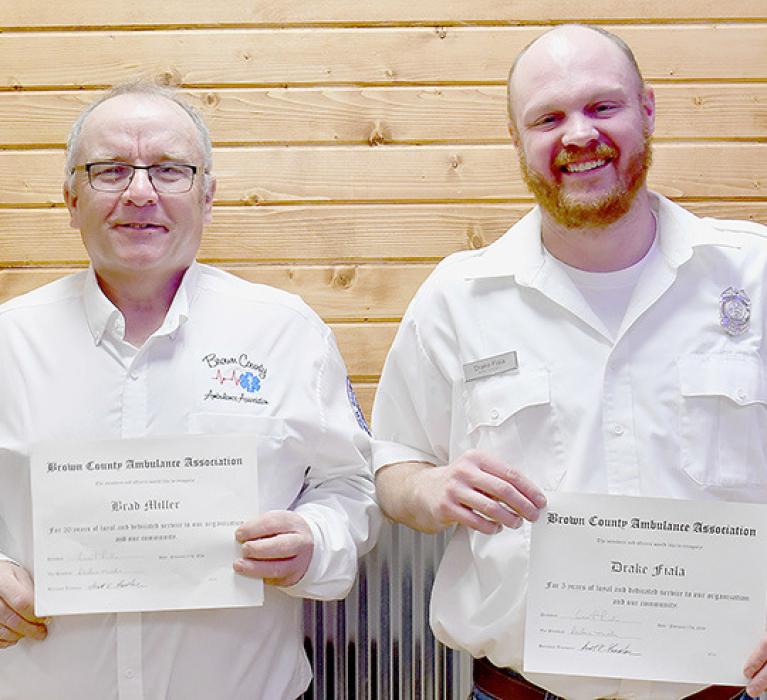 Brown County Ambulance Association service awards were presented to Brad Miller - 20 Years of Service (Left) and Drake Fiala - 5 Years of Service (Right).