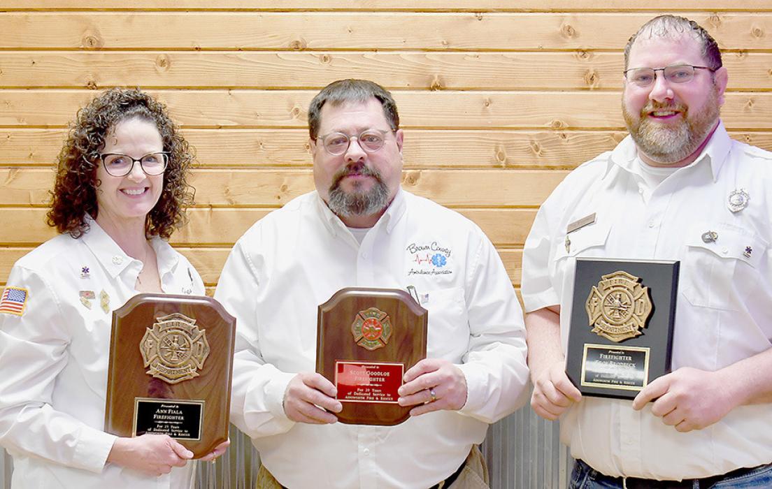 Ainsworth Fire and Rescue service awards were presented to Ann Fiala - 25 Years of Service (Left), Scott Goodloe - 20 Years of Service (Center) and Troy Brodbeck - 15 Years of Service (Right).