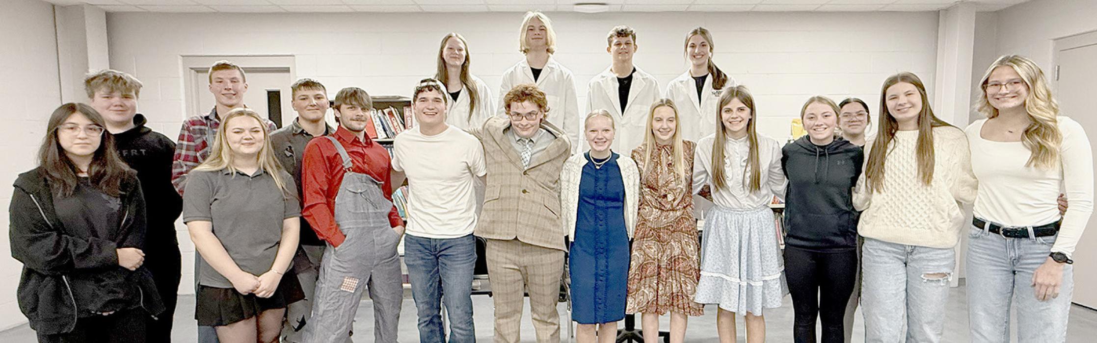 Ainsworth Cast and Crew competing in C2-6 Districts were (Back Row - Left to Right) David Cook, Jacob Ortner, Carson Koch, Puridy Haley, Erick Hitchcock, Zaine Evans, Willa Flynn and Miranda Phares; (Front Row - Left to Right) Annick Altamirano, Madison Phares, Owen Blumenstock, Cole Swanson, William Biltoft, Kiley Orton, Preselyn Goochey, Jaylee Good, Kenley Welke, Miah Ortner and Emma Kennedy.