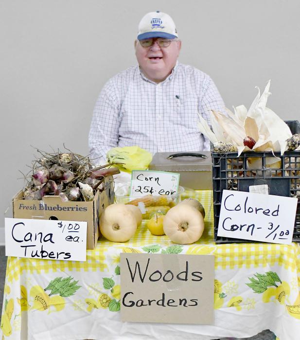 Dan Woods had some of his garden items for sale. Decorative corn, gourds and Cana Tubers.