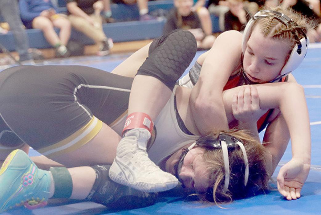 Jolyn Pozehl, 120 lb. weight class, won by a fall in 1:43 over Jaden Schultz of West Point-Beemer.