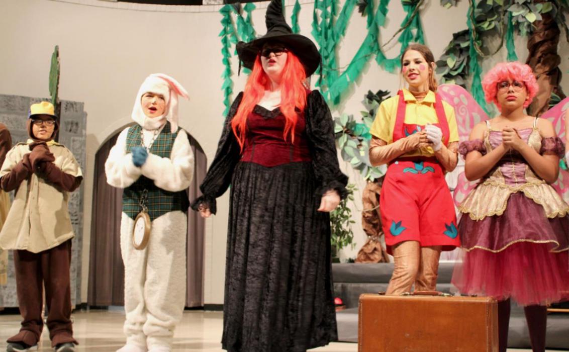 Photo at right: Performances by Fairytale Creatures included: (Left to Right): Ty Bolli as Baby Bear, Kinsey Walz as the White Rabbit, Breanna McLeod as the Wicked Witch, Kaitlynn Inbody as Pinocchio and Genessis Ajin as the Sugar Plum Fairy.