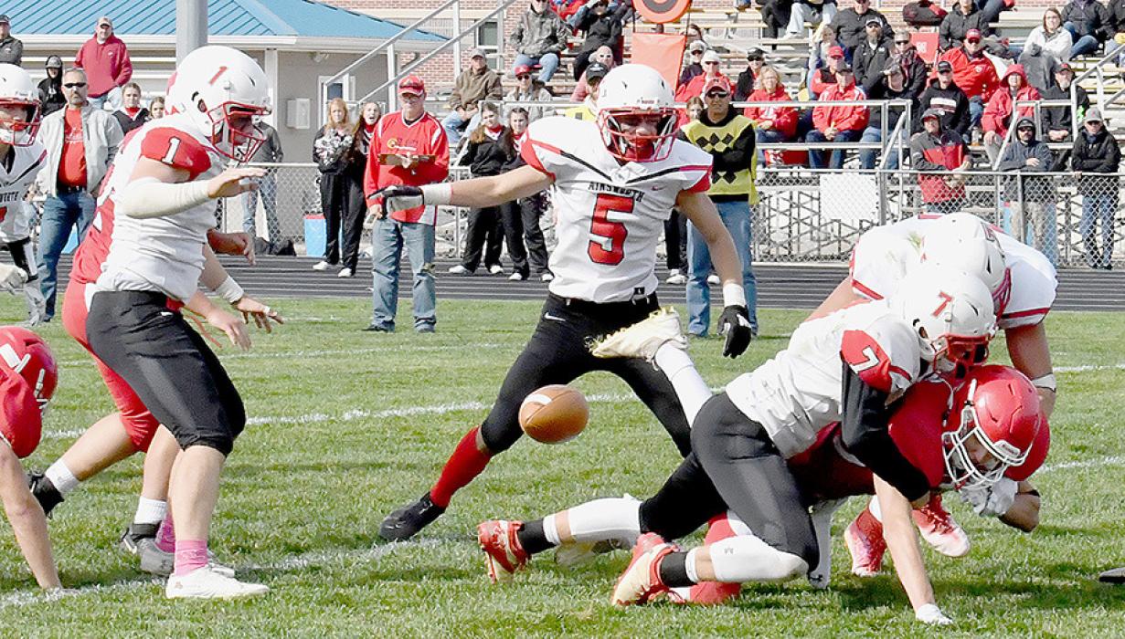 Ainsworth sacked the Cardinal’s quarterback six times. This sack by Landon Halloway and Trey Appelt resulted in a fumble that was recovered by #1 Ethan Fernau.