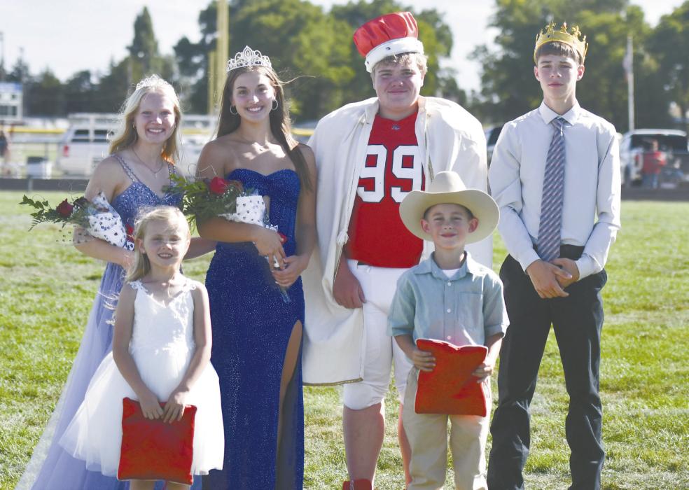 The 2026-27 AHS Homecoming king, queen, princess and prince were crowned after the football team's 13-6 win against the North Central Knights on Friday, September 11. This year's royalty were (left - right): princess Kiley Orton, queen Willa Flynn, king David Cook and prince Holden Beel. Crown bearers this year were Ren Alberts (front left) and Carver Painter (front right).