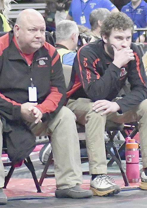 Ainsworth Head Coach Todd Pollock (left) and Assistant Coach Oren Pozehl (right) watched intently during matches and offered help between and during matches.