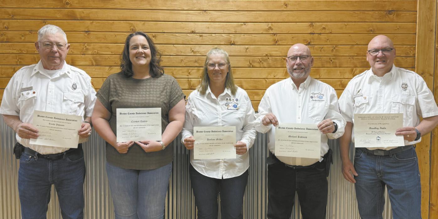 Brown County Ambulance Association Years of Service awards were given to Randy Johnson (15 years), Crystal Dailey (15 years), Darlene Miller (25 years), Mike Rudnick (30 years), Brad Fiala (40 years). Not pictured: Troy Brodbeck (15 years), and Brandon Evans (15 years).