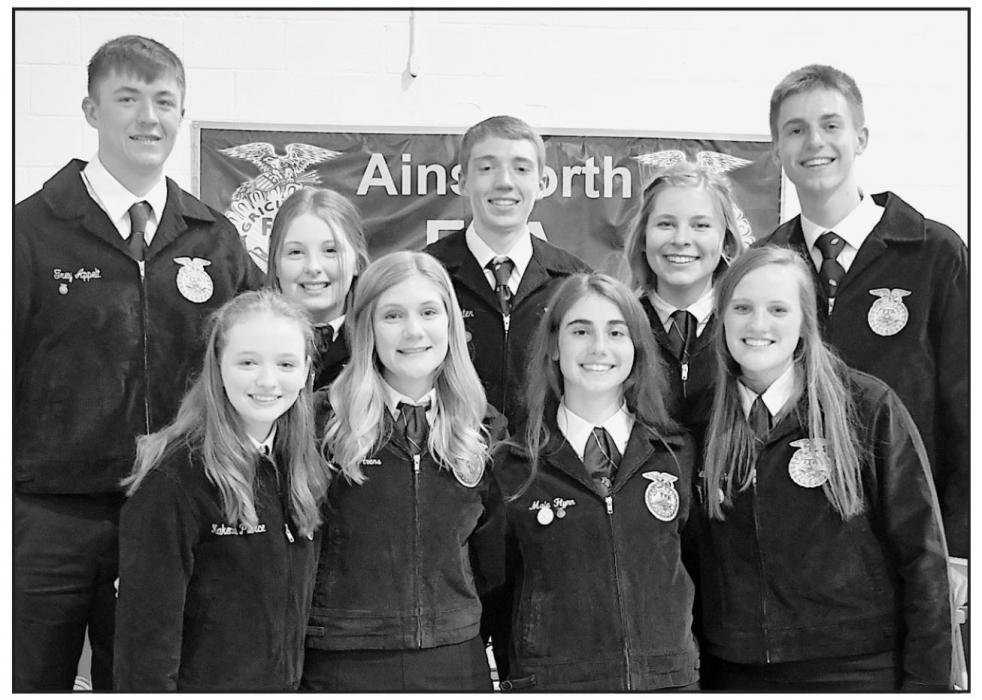 The 2021-2022 Ainsworth FFA Officer Team was announced at the banquet. They are (Front Row – Left to Right): Historian Makenna Pierce, Treasurer Maren Arens, Parliamentarian Maia Flynn and President Libby Wilkins; (Back Row – Left to Right): Sentinel Trey Appelt, Jr. Advisor Gracie Petty, Vice President Ty Schlueter, Secretary Alyssa Erthum and Reporter Ben Flynn.