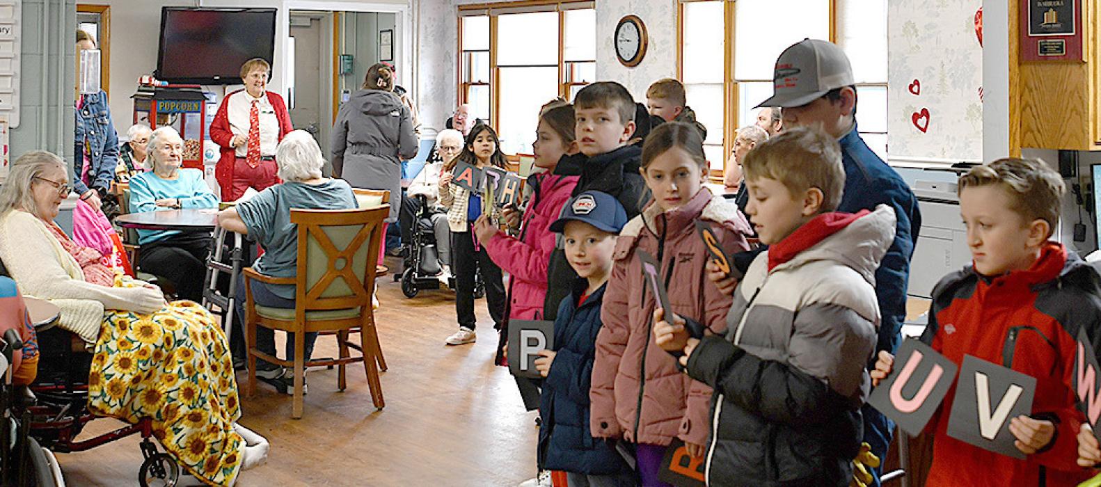 Third Grade students preformed a poem and nursery rhymes for the residents of the Sandhills Care Center on Friday, February 14th. Kindergarten through fourth grade students visited the Care Center throughout the day and did various activities and presentations for the seniors.