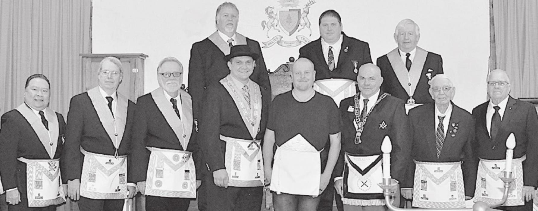 Long Pine Masonic Lodge No. 136 intitiated Cody Croghan of Bassett. Masons present for the initiation were (front row left to right) Alvin Benemerito, Phil Brown, Don Coash, Garrett Weidner, Cody Croghan, Stan Weidner, Murray Mellor and James Nelson; (back row left to right) Barry Frerichs, Jeremiah Schartz and Terry Foxworthy.