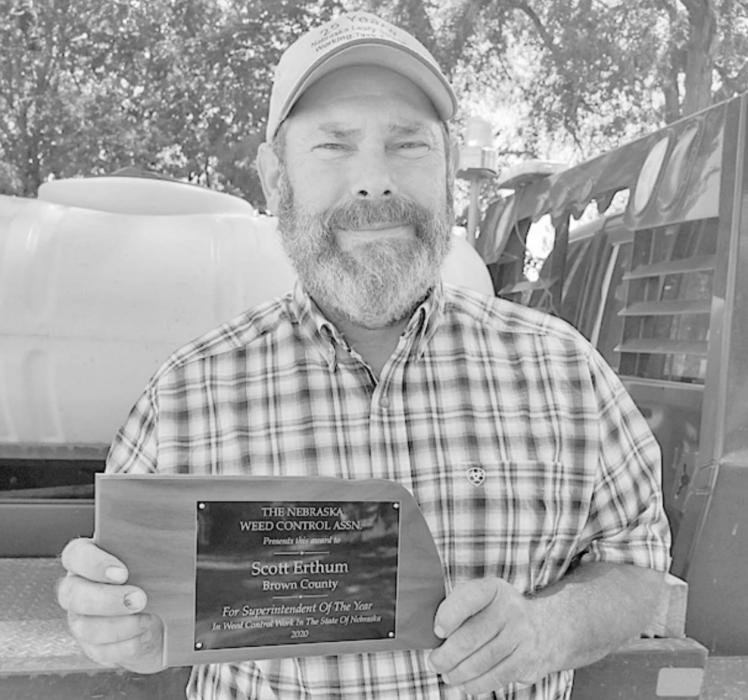 Brown County Weed Superintendent Scott Erthum was presented the Nebraska Weed Superintendent of the Year award on July 20th at the Nebraska Weed Control Association’s 74th Annual Conference and Trade Show in Columbus, NE.