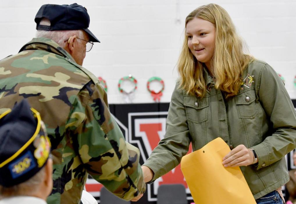 Local veterans received envelopes from students of the AHS sophomore World History Class with donated items from local businesses.