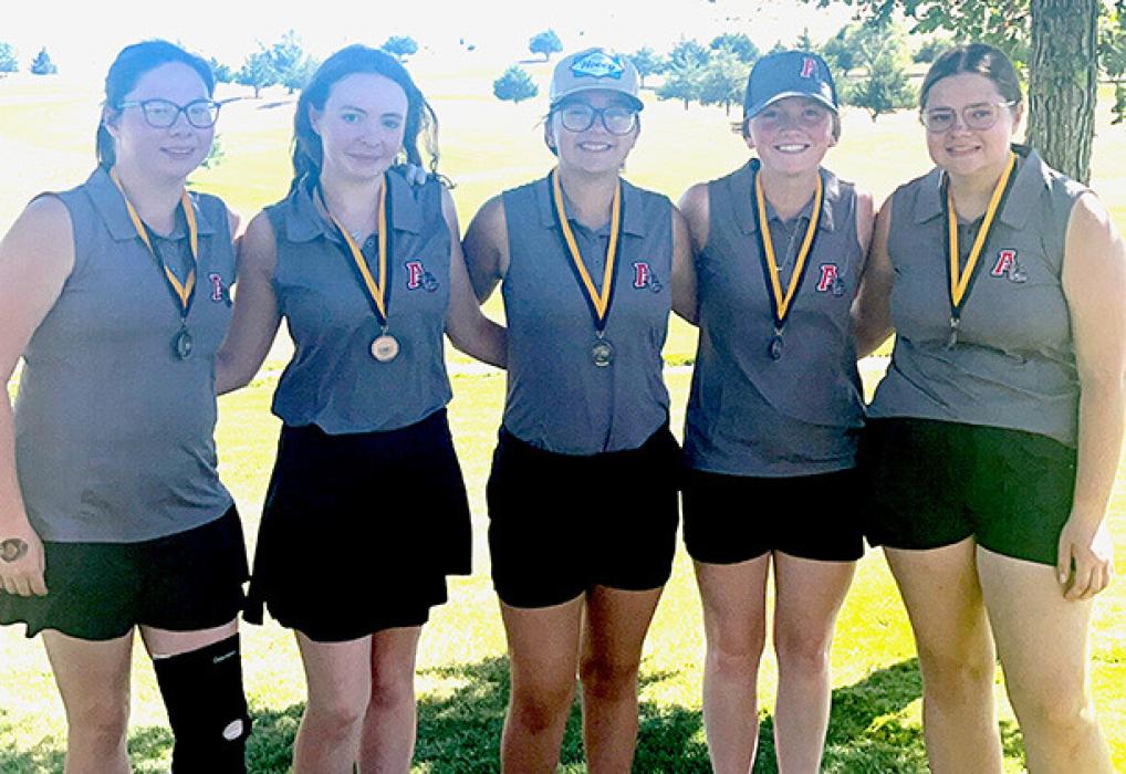 Ainsworth High School girls golf team medalists at the Mullen Invitational were (Left to Right): Jaden Lee - 2nd, Jordan Beatty - 3rd, Madison Palmer - 5th, Kenley Welke 4th and Hannah Beel - 8th.