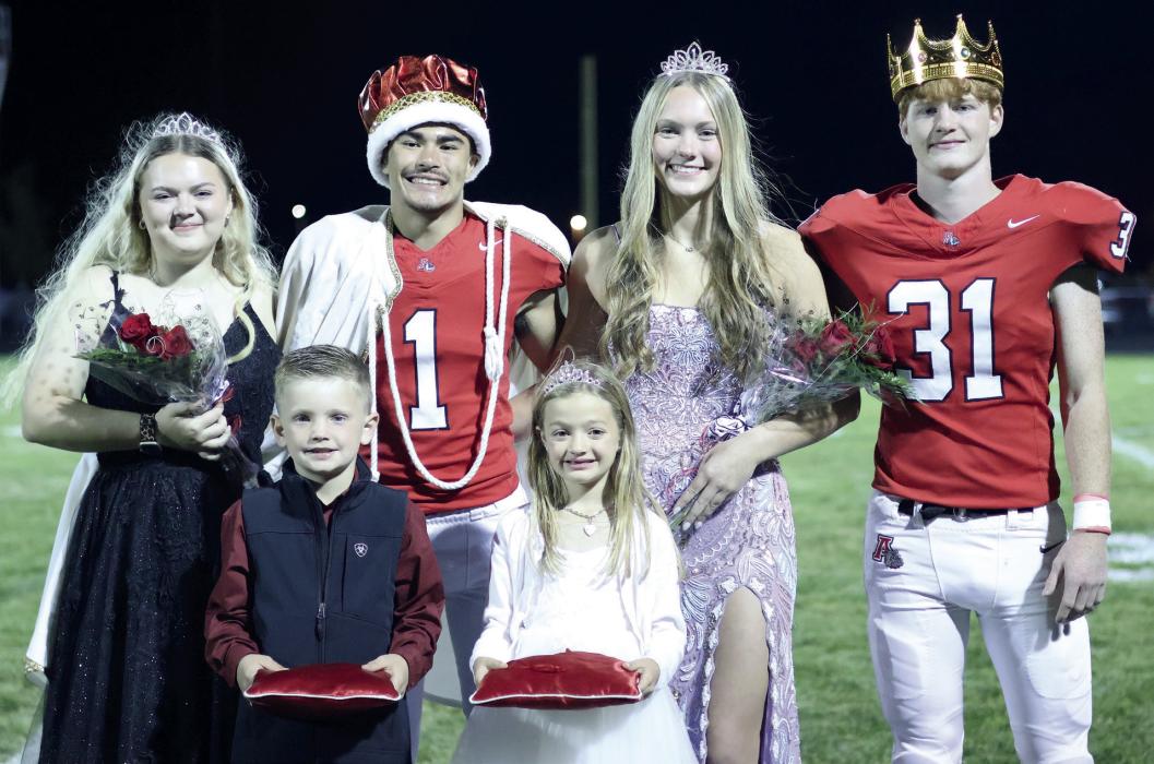 The Ainsworth Community Schools student body voted for homecoming royalty. The winners were announced after the Bulldogs beat the North Central Knights on Friday, October 3. This year’s royalty were back row (left - right): Princess Madison Phares, King Chris Fernandez, Queen Megan Jones, and Prince Sam Titus. The crown bearers were Preston Winters and Blair Martin.