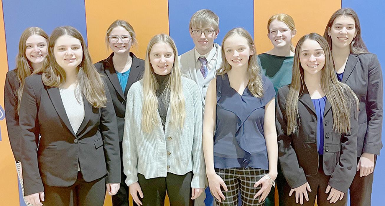 AHS Varsity Speech Team members competing in the Gordon-Rushville Speech Invitational were: (Back Row - Left to Right) Brianna Starkey, Emma Kennedy, Levi Goshorn, Terra Shoemaker, Katherine Kerrigan; (Front Row - Left to Right) Hannah Beel, Preselyn Goochey, Makenna Pierce and Tessa Barthel.