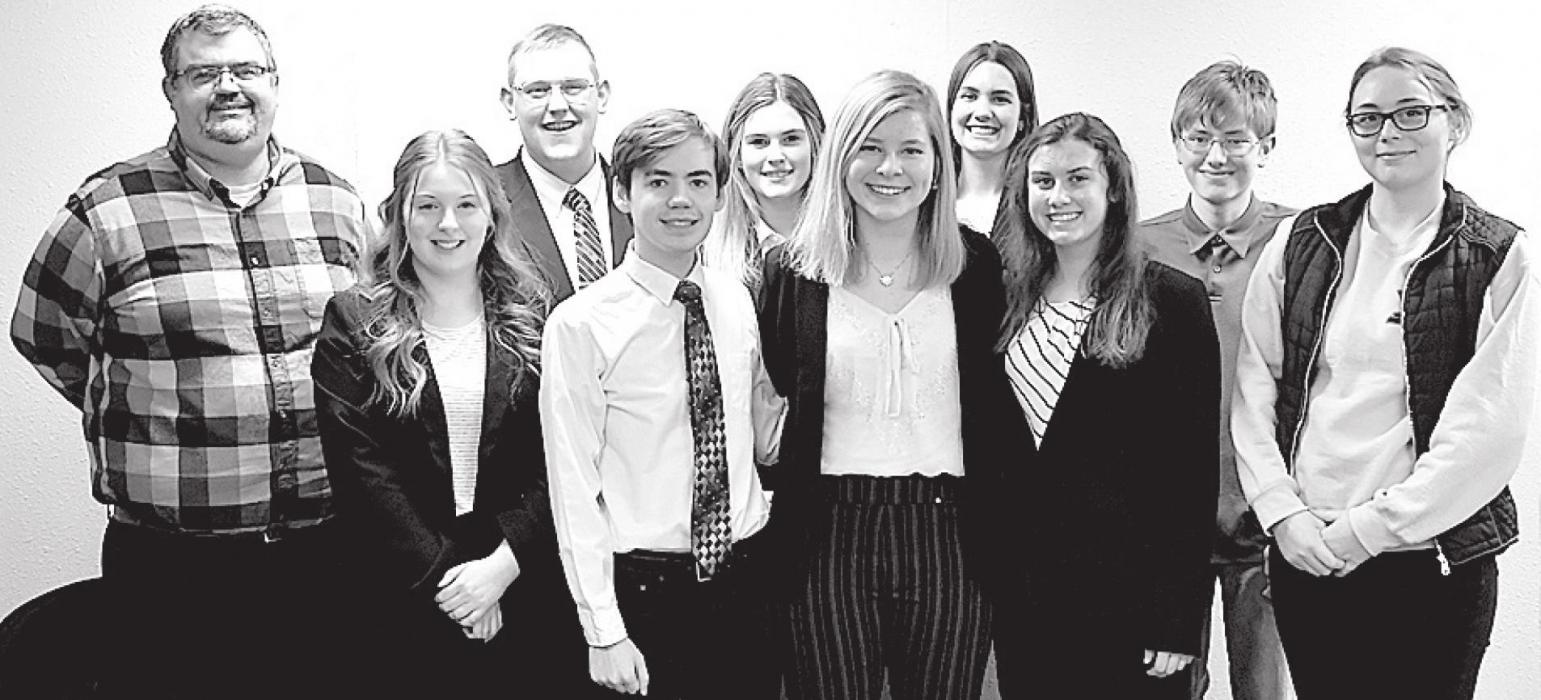 The 2021 Ainsworth High School Mock Trial Team members who took 5th place during the Virtual State Championships included (Front Row - Left to Right): Gracie Petty, Brandt Murphy, Alyssa Erthum, Dakota Stutzman and Coach Katie McClure; (Back Row - Left to Right): Coach Graig Kinzie, Cody Kronhofman, Elizabeth Smith, Haley Schroedl and Levi Goshorn.