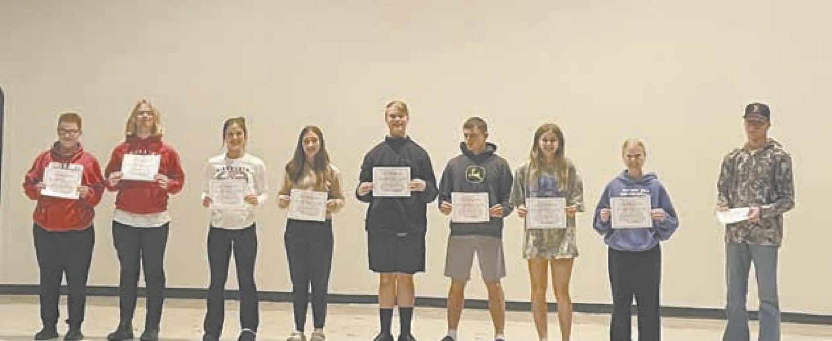 Ainsworth One-Act Play Festival outstanding performers were (left - right): William Biltoft, Erick Hitchcock, Willa Flynn, Addilyn Doke, Kristofer Hitchcock, Zaine Evans, Jaylee Good, Kiley Orton and Jacob Ortner.