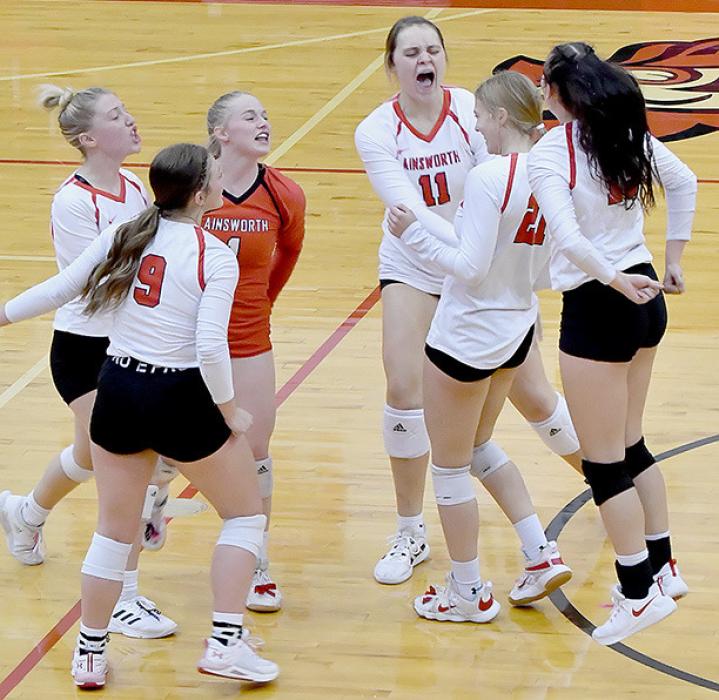 Celebrating a point after a long rally, the team gets excited and motivate them for the next serve against Ord. Excited team members were Saylen Young, Ally Conroy, Kerstyn Held, Karli Kral, Kendyl Delimont and Dakota Stutzman.