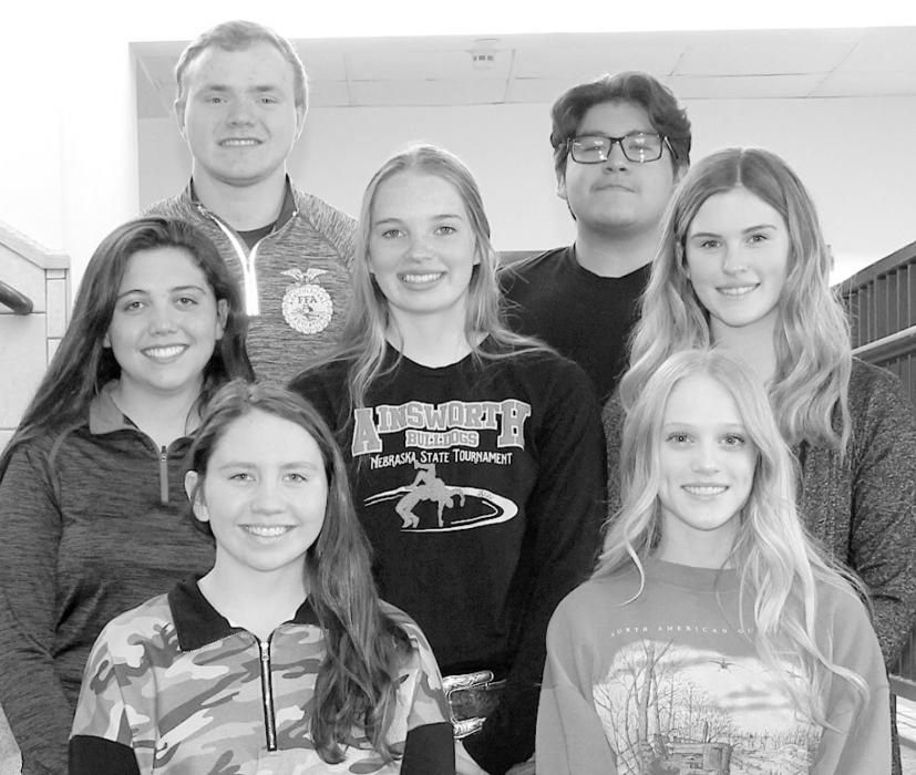 Ainsworth High School Senior Candidates running for this year's King and Queen of the Junior/Senior Prom are (Front Row - Left to Right): Ellie Welke and Cailin Orton; (Middle Row - Left to Right): Josie Ganser, Mila Pozehl and Elizabeth Smith; (Back Row - Left to Right): Logan Hafer and Victor Carranza. Not picture are Tristan Bowen, Isaac Hood and Colton Troxel.
