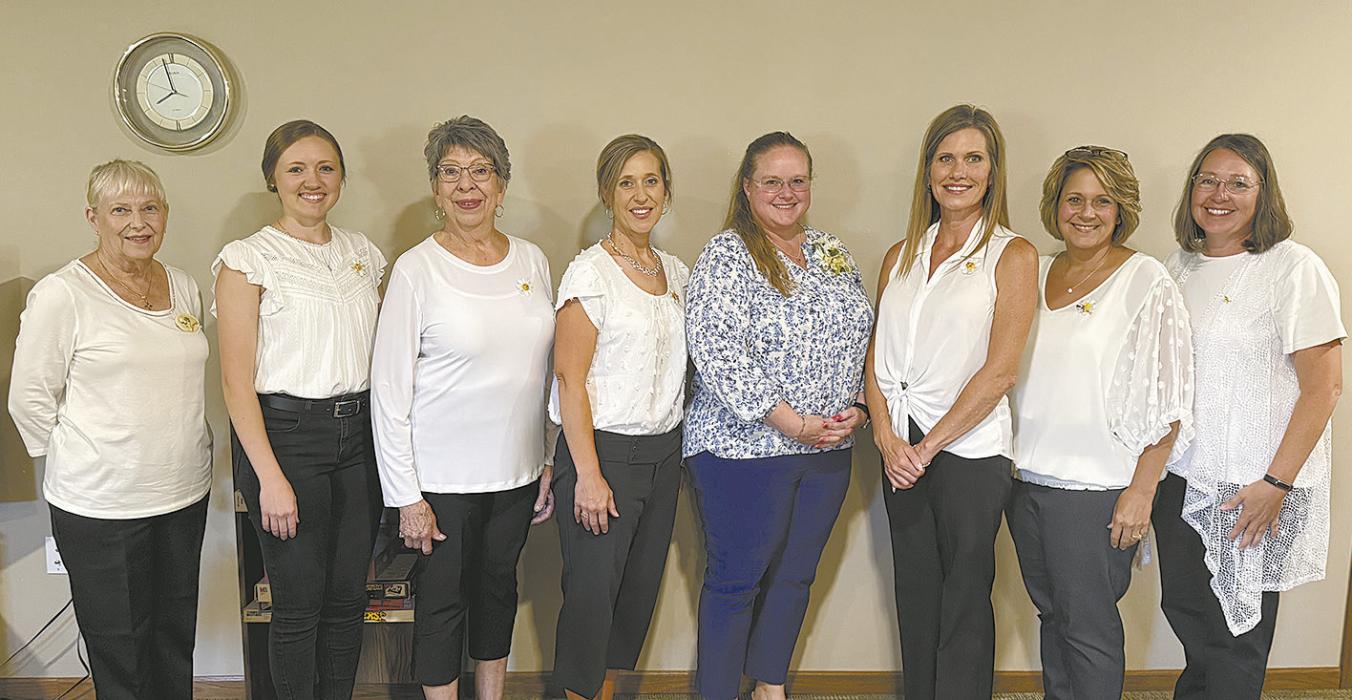 On July 21, P.E.O. Nebraska Chapter BM initiated a new member, Jennifer Schiermeyer. Installing her were other members (left - right): Jan Turner, Britley Beck, Dee Ferris, Melissa Doke, new member Jennifer Schiermeyer, Michelle Sinsel, Kara Welch and Lisa Schlueter.