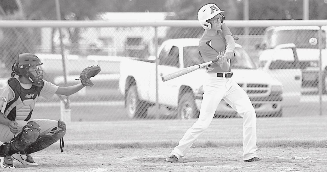 Ainsworth Pony League player Aiden Jackman swings at a pitch during a doubleheader against Winner on Wednesday, June 2nd. The team plays next in Valentine on June 11th. Baseball Photos Courtesy of Debb Gracey