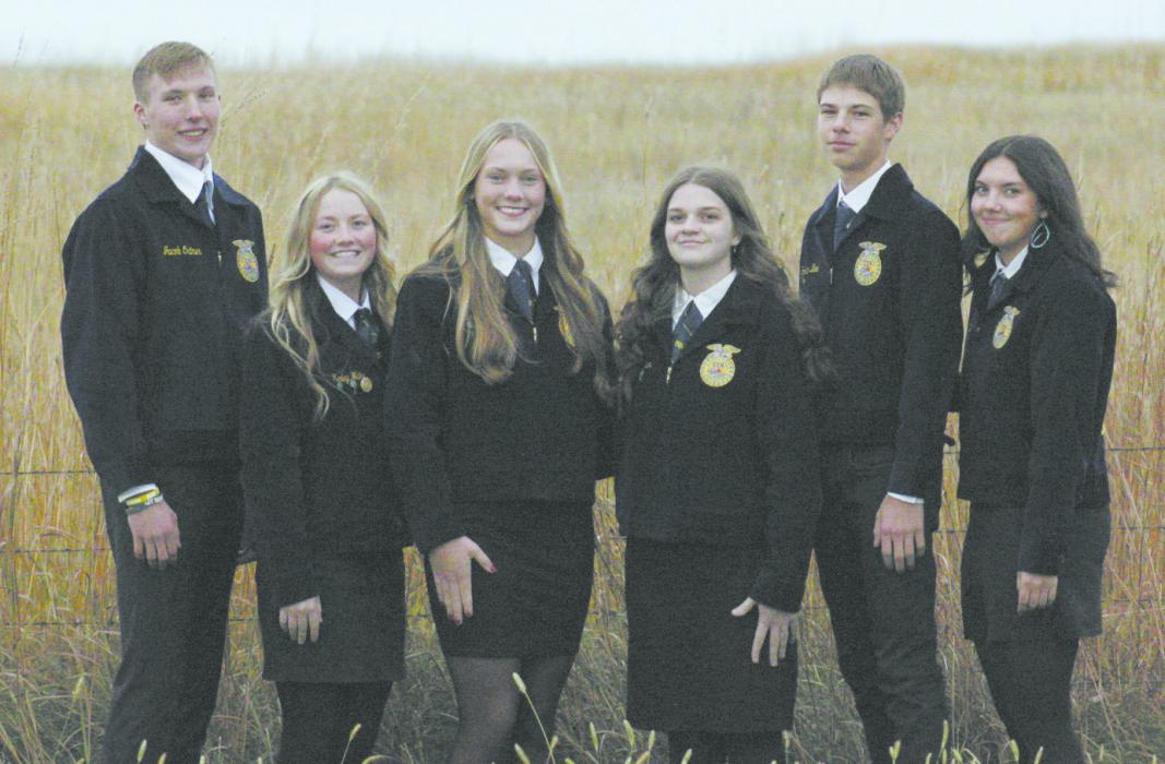 Pictured above is the 2025-26 Ainsworth FFA Chapter Officers. The officers are (left-right); Jacob Ortner (Sentinel), Kenley Welke (Secretary), Megan Jones (President), Londyn Dunbar (Vice President), Holden Beel (Treasurer), and Braylin Rudnick (Reporter). Photo Courtesy of Aiden Rowley, Ainsworth FFA Member
