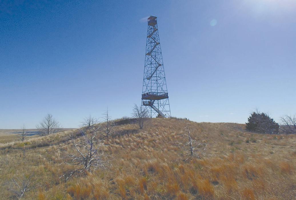 The Civilian Conservation Corps Fire Tower along the hike offers a panoramic view of the prairie.