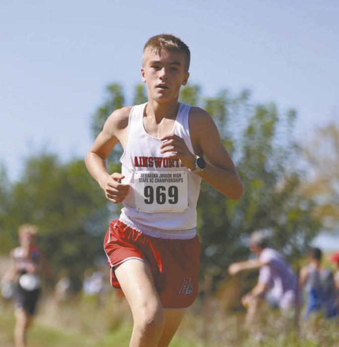 Ainsworth eighth-grader Blake Hansmeyer won the Nebraska Junior High Class C/D State Cross Country Meet hosted in Papillion on Saturday, October 10. He finished the 3,000-meter race in 10:11.5, winning by just over 4 seconds. Photo Courtesy of Prep Running Nerd